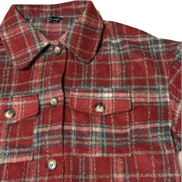 Simplee Women's Cropped Flannel Plaid Shacked Wool Blend Jacket Coat size large - Picture 3 of 8